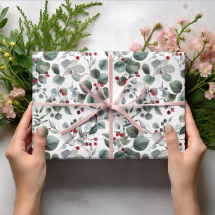 Red Berry Green Leaves Christmas Winter Season Wrapping Paper