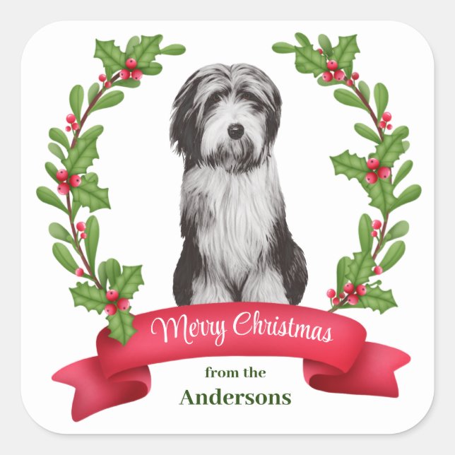 Red Berry Holly Banner Beardie Dog Christmas Square Sticker (Front)
