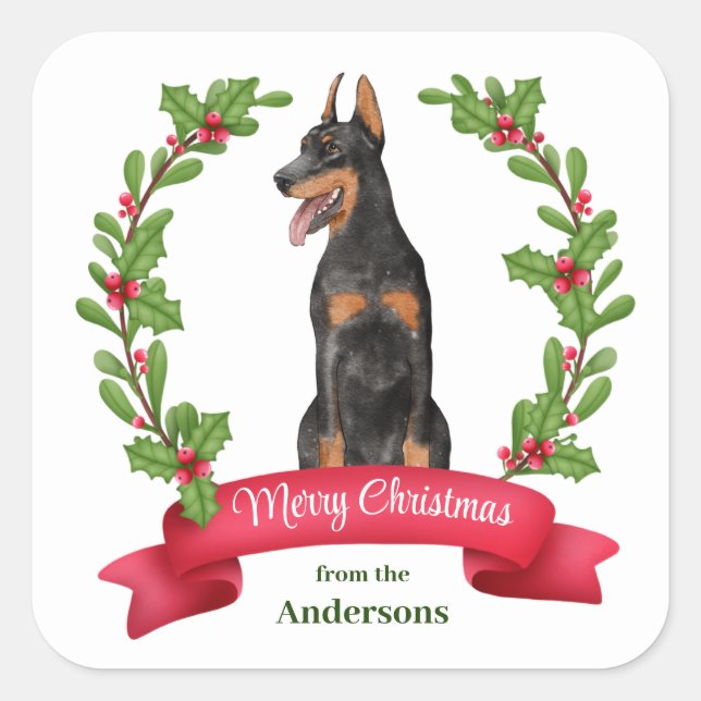 Red Berry Holly Banner Doberman Pinscher Christmas Square Sticker (Front)