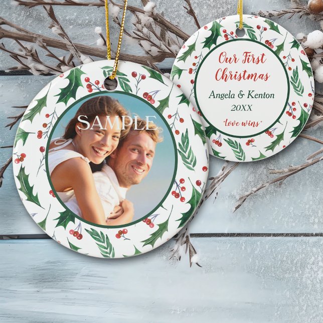 Red Berry Holly Photo Template Our First Christmas Ceramic Ornament (Creator Uploaded)