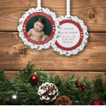 Red Berry Pattern Introducing Baby 1st Christmas Ornament Card<br><div class="desc">Introduce your new baby with a pretty baby's first Christmas photo ornament with a round photo of your baby with curved text and a pretty red berry and greenery pattern and cute hearts. Add your baby's names and birth stats on the other side. Weight,  height,  date and time born.</div>