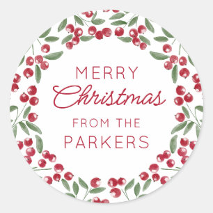 Red Berry Sprig Frame Merry Christmas Classic Round Sticker