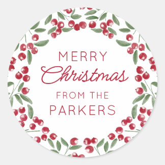 Red Berry Sprig Frame Merry Christmas Classic Round Sticker