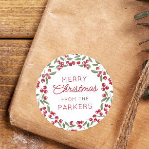 Red Berry Sprig Frame Merry Christmas Classic Round Sticker