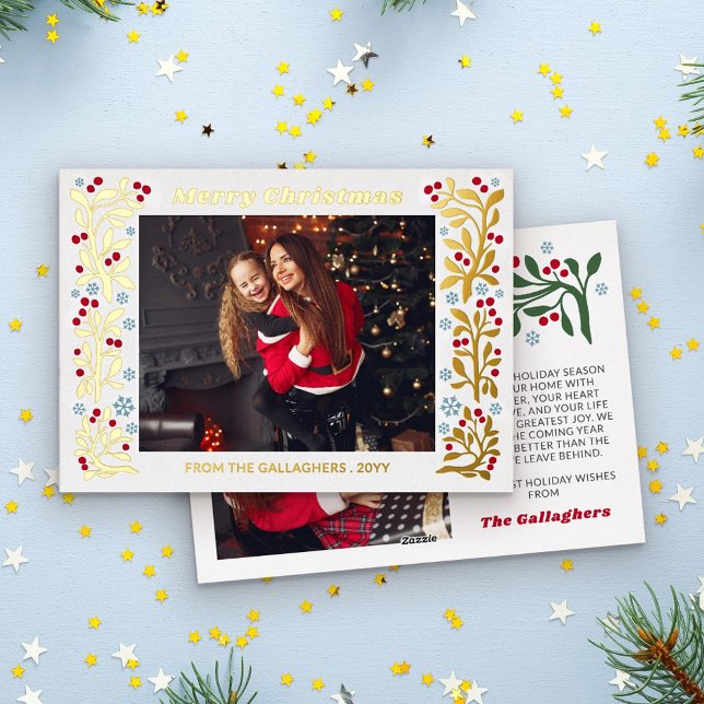 Red Berry Twig Snowflakes Frame Merry Christmas Foil Holiday Card (Creator Uploaded)