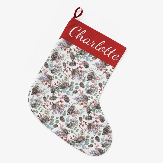 Red Berry Watercolor Monogram Name  Large Christmas Stocking (Front (Hanging))