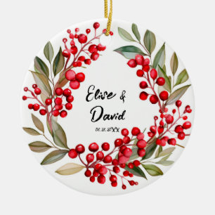 Red Berry Wreath Christmas Wedding Ceramic Ornament