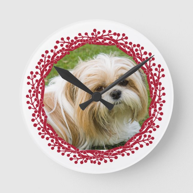 Red berry wreath custom photo frame design round clock (Front)
