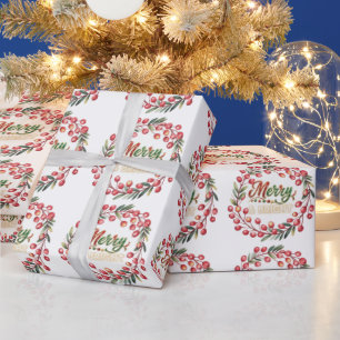 Red Berry Wreath Merry & Bright Wrapping Paper