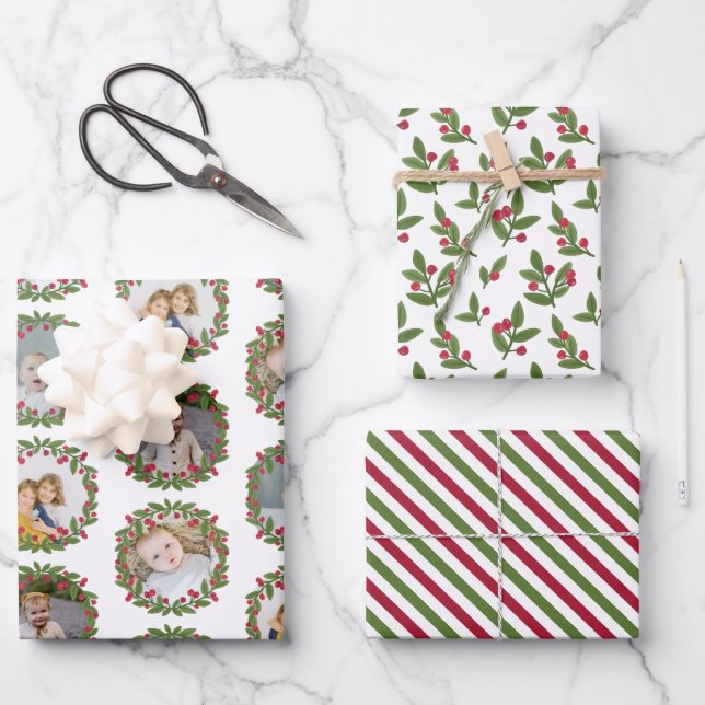Red Berry Wreath Photo Collage Christmas Wrapping Paper Sheet (Front)