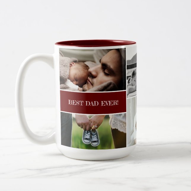 Red Best Dad Ever Custom Photo Collage Daddy  Two-Tone Coffee Mug (Left)