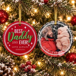 Red Best Daddy Ever Retro Script Photo Christmas Ceramic Ornament