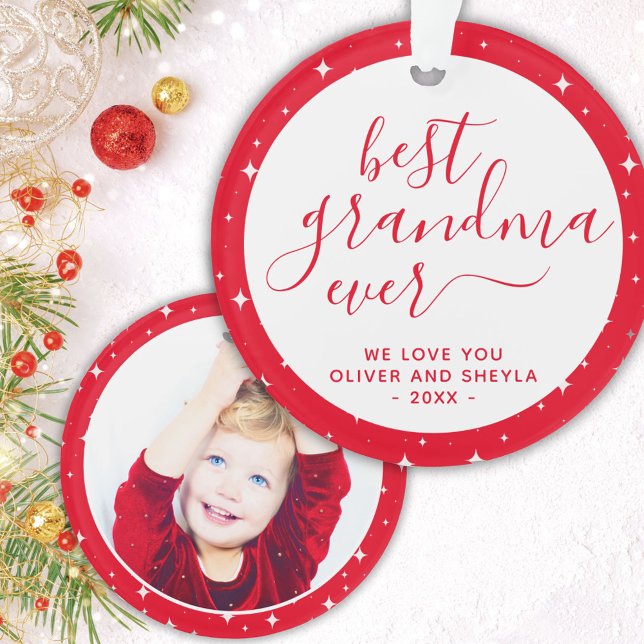 Red Best Grandma Ever Script Stars Photo on Back  Ornament (Creator Uploaded)