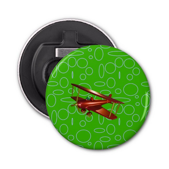 Red Bi-plane on Green Circles and Loops Bottle Opener (Front)
