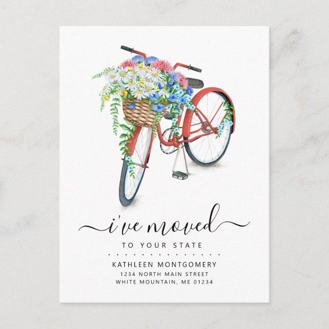 Red Bicycle Pink Blue Floral Basket Moving Announcement Postcard (Front)