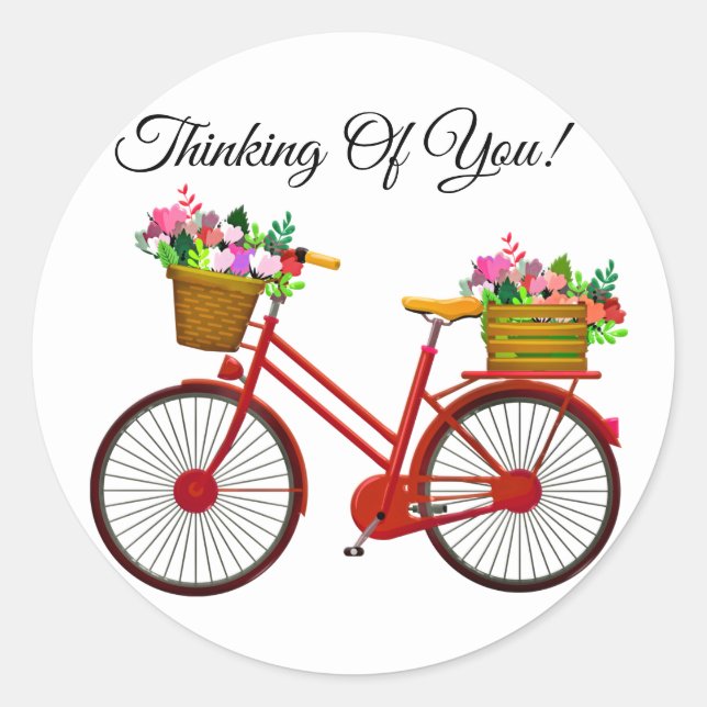 Red Bicycle With Basket Of Flowers Classic Round Sticker (Front)