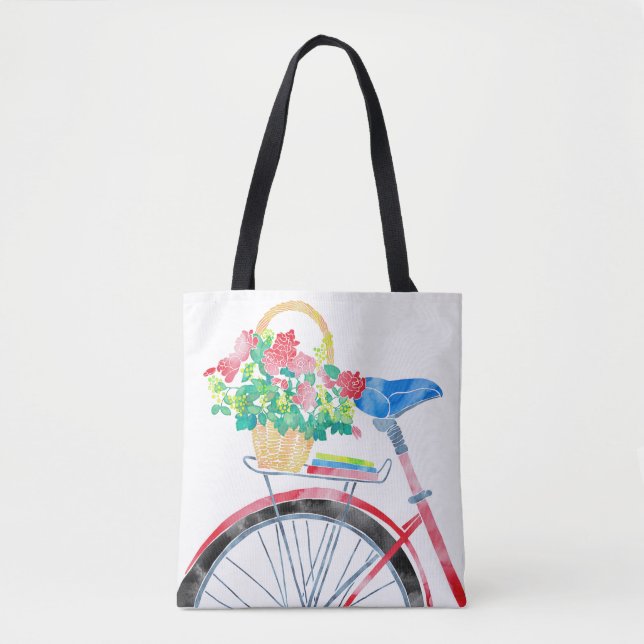 Red bicycle with basket of flowers tote bag (Front)
