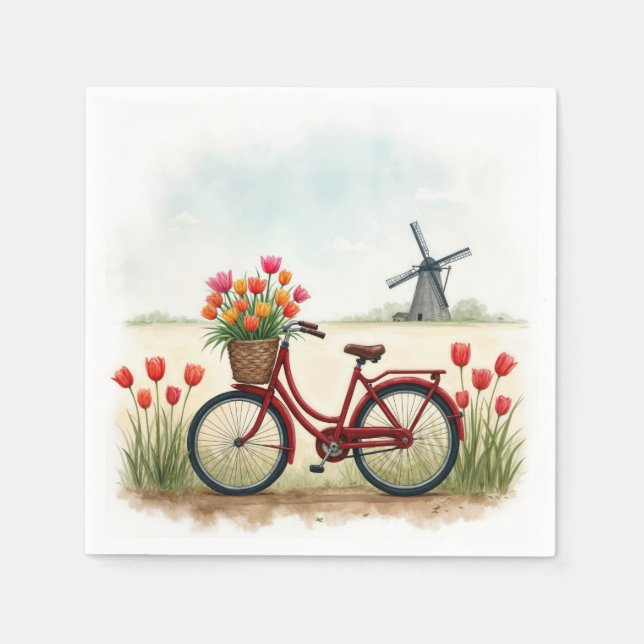 Red Bicycle With Dutch Tulips Napkin (Front)