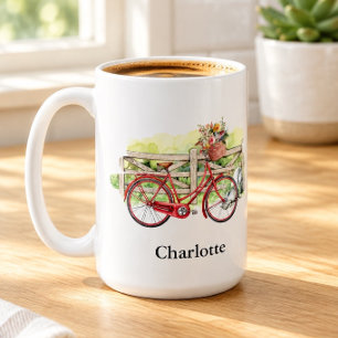 Red Bike with Flowers Watercolor Personalized Coffee Mug