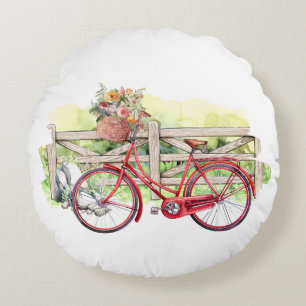 Red Bike with Flowers Watercolor  Round Pillow