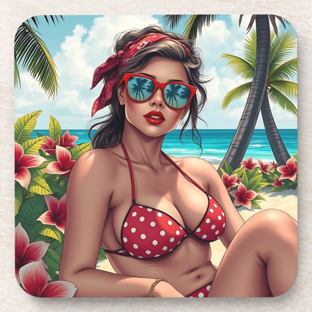 Red Bikini, Sunglasses and Bandana Woman  Coaster (Front)
