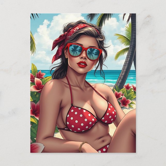 Red Bikini, Sunglasses and Bandana Woman   Postcard (Front)