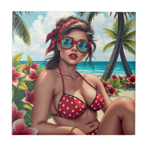 Red Bikini, Sunglasses and Bandana Woman  Tile