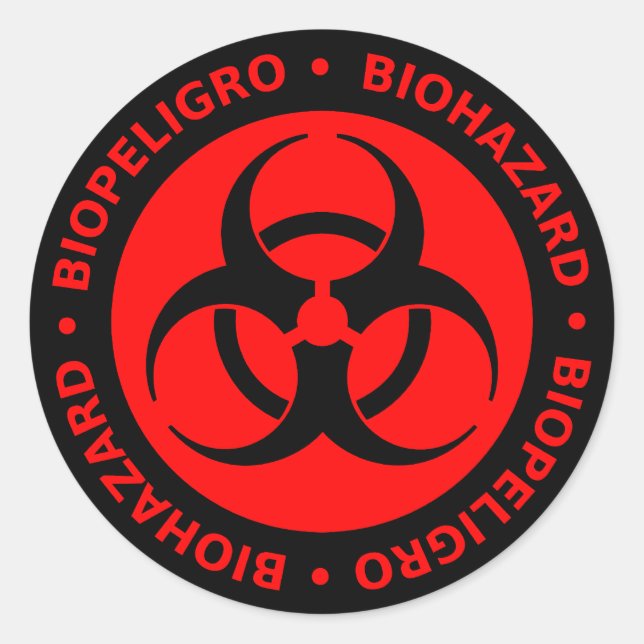 Red Bilingual Biohazard Warning Classic Round Sticker (Front)