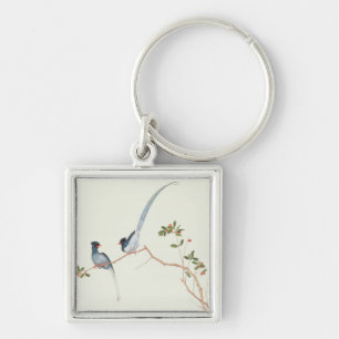 Red-billed blue magpies,a branch red berries keychain