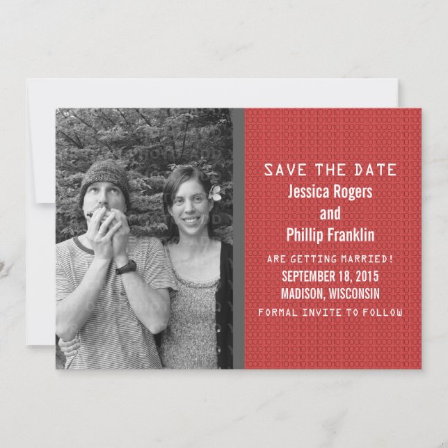 Red Binary Code Photo Save the Date Invite (Front)