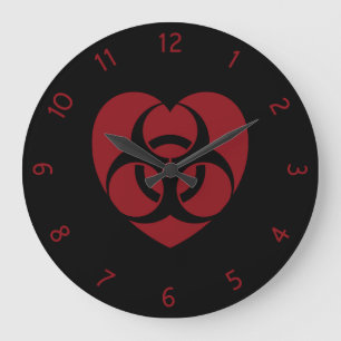 Red Biohazard Warning Heart Large Clock