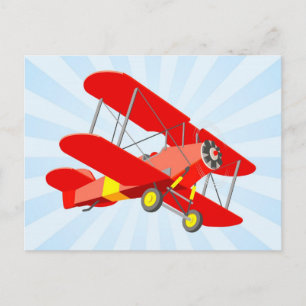 Red Biplane Graphic with Blue Star Burst Postcard