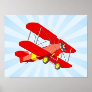 Red Biplane Graphic with Blue Star Burst Poster