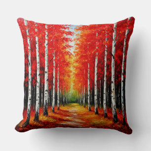 Red Birch Forest Pathway Capturing the Beauty Throw Pillow