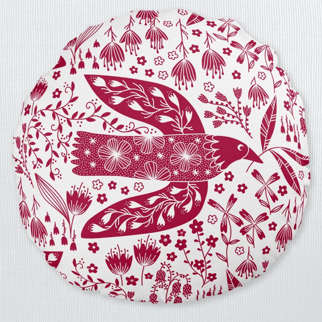 Red Bird Art Round Pillow (Red and white peace dove folk art pillow)