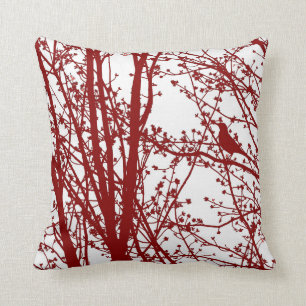 Red Bird & Branches Patterned Throw Pillow