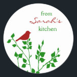 Red Bird Christmas Custom Baking Stickers<br><div class="desc">These cute and modern stickers feature a red bird on a green branch and the name of your choice. Perfect for attaching to Christmas baked goods and other holiday food gifts. Makes a great gift for those who love to bake and make canned goods,  etc.</div>