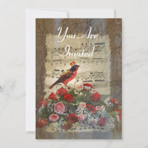 Red bird collage on a vintage music sheet invitation