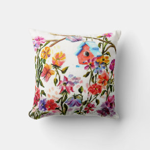 RED BIRD HOUSE THROW PILLOW