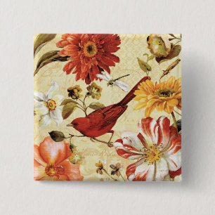 Red Bird in a Flower Garden 2 Inch Square Button