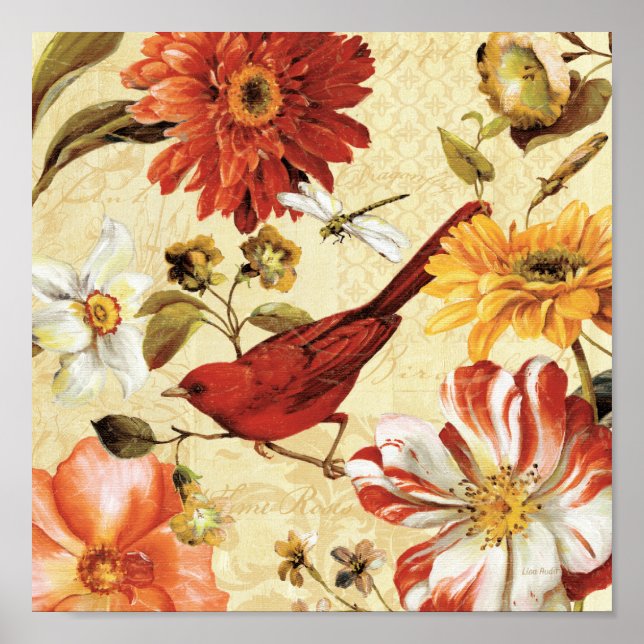 Red Bird in a Flower Garden Poster (Front)