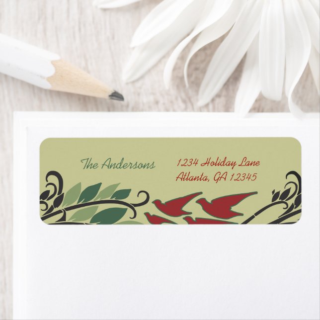 Red Bird Leaf Swirl Art Nouveau Return Address (Insitu)