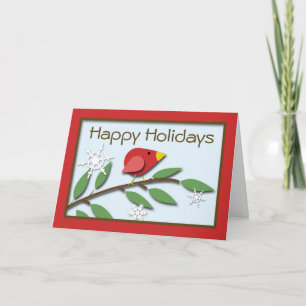 Red Bird on a Branch "Happy Holidays" Card