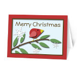 Red Bird on a Branch Merry Christmas Card<br><div class="desc">Red Bird on a Branch Merry Christmas Card featuring a red bird on a brand with green leaves and white snowflakes over a light blue background, outlined in red. The front reads "Merry Christmas" while the inside is personalized with your own holiday greeting. These holiday Christmas cards are perfect for...</div>