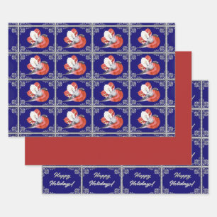 Red Bird on Blue-Red-Personalized Blue and Silver Wrapping Paper Sheet