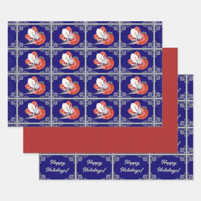 Red Bird on Blue-Red-Personalized Blue and Silver Wrapping Paper Sheet (Set)