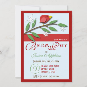 Red Bird on Branch - Invitations de fête d'anniver