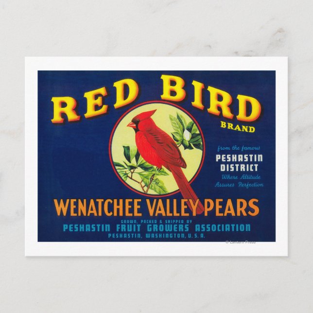 Red Bird Pear Crate LabelPashastin, WA Postcard (Front)