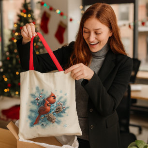 Red Bird & Pine Holiday Nature  Tote Bag