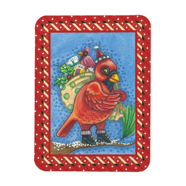RED BIRD SANTA, GOOD CHEER CHRISTMAS CARDINAL MAGNET (Vertical)